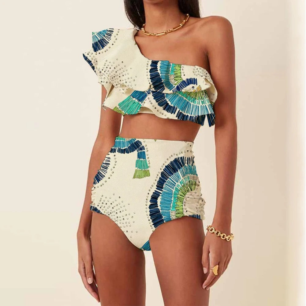 Ensemble de Bikini à Une Épaule Taille Haute avec Volants Imprimé Tropical pour Vacances d'Été à la Plage – Bleu Vert Crème