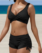 Set bikini due pezzi per donna, top annodato a torsione, shorts arricciati, sportivo, vacanze in spiaggia, piscina, estate attiva – Camo nero borgogna arancione