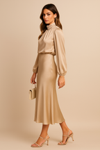 Vestido Mujer Midi Cuello Alto Drapeado Cintura Alta Mangas Largas Dobladillo Acampanado Efecto Satén Fiesta Oficina Cóctel Boda Invitada Ceremonia Formal – Séraphine