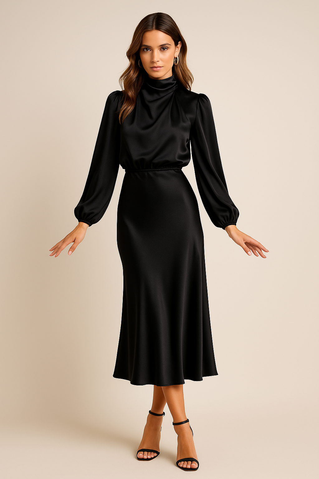 Vestido Mujer Midi Cuello Alto Drapeado Cintura Alta Mangas Largas Dobladillo Acampanado Efecto Satén Fiesta Oficina Cóctel Boda Invitada Ceremonia Formal – Séraphine