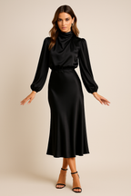 Vestido Mujer Midi Cuello Alto Drapeado Cintura Alta Mangas Largas Dobladillo Acampanado Efecto Satén Fiesta Oficina Cóctel Boda Invitada Ceremonia Formal – Séraphine