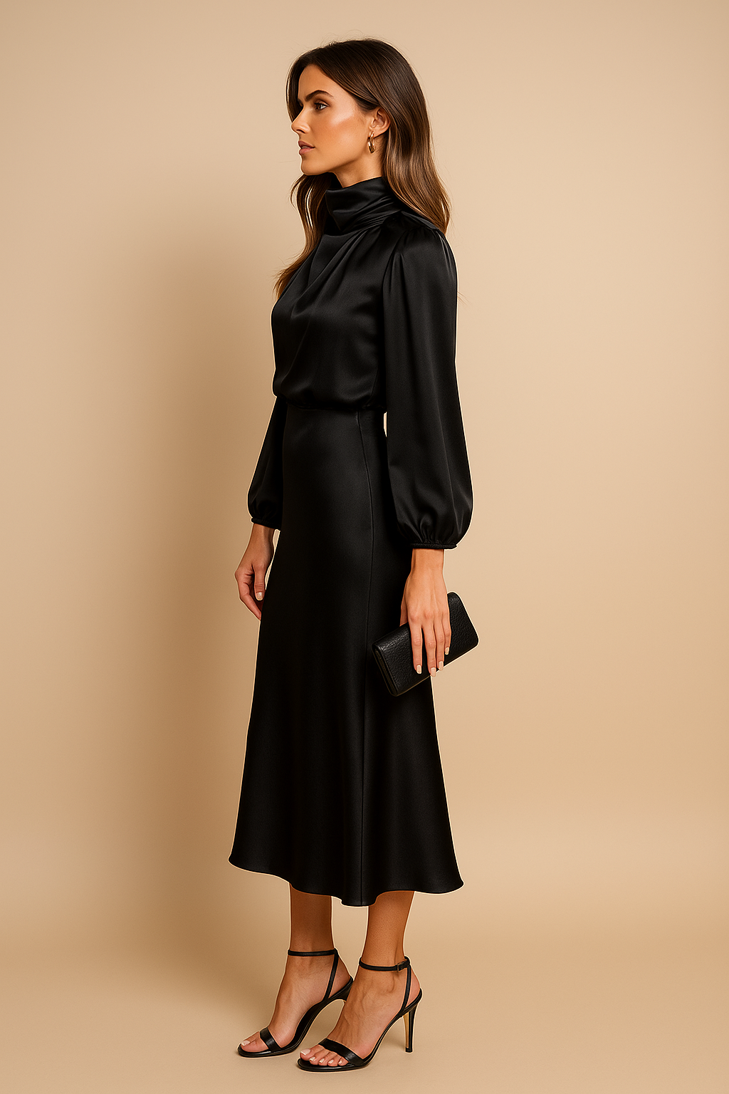 Vestido Mujer Midi Cuello Alto Drapeado Cintura Alta Mangas Largas Dobladillo Acampanado Efecto Satén Fiesta Oficina Cóctel Boda Invitada Ceremonia Formal – Séraphine