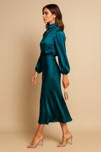Vestido Mujer Midi Cuello Alto Drapeado Cintura Alta Mangas Largas Dobladillo Acampanado Efecto Satén Fiesta Oficina Cóctel Boda Invitada Ceremonia Formal – Séraphine
