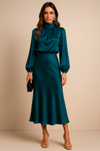 Vestido Mujer Midi Cuello Alto Drapeado Cintura Alta Mangas Largas Dobladillo Acampanado Efecto Satén Fiesta Oficina Cóctel Boda Invitada Ceremonia Formal – Séraphine