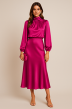 Vestido Mujer Midi Cuello Alto Drapeado Cintura Alta Mangas Largas Dobladillo Acampanado Efecto Satén Fiesta Oficina Cóctel Boda Invitada Ceremonia Formal – Séraphine