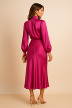 Vestido Mujer Midi Cuello Alto Drapeado Cintura Alta Mangas Largas Dobladillo Acampanado Efecto Satén Fiesta Oficina Cóctel Boda Invitada Ceremonia Formal – Séraphine