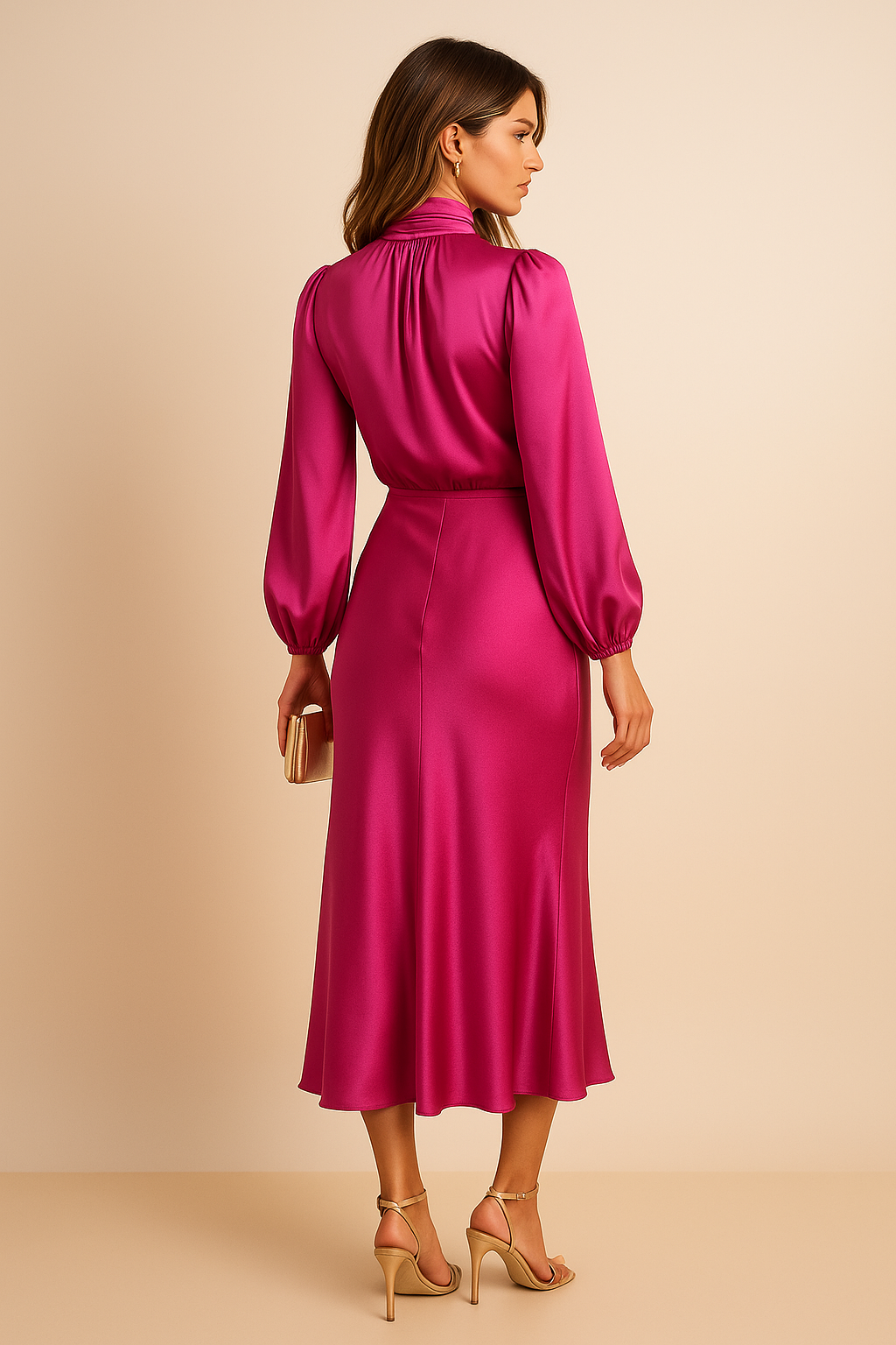 Vestido Mujer Midi Cuello Alto Drapeado Cintura Alta Mangas Largas Dobladillo Acampanado Efecto Satén Fiesta Oficina Cóctel Boda Invitada Ceremonia Formal – Séraphine