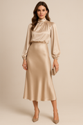 Vestido Mujer Midi Cuello Alto Drapeado Cintura Alta Mangas Largas Dobladillo Acampanado Efecto Satén Fiesta Oficina Cóctel Boda Invitada Ceremonia Formal – Séraphine