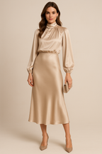 Vestido Mujer Midi Cuello Alto Drapeado Cintura Alta Mangas Largas Dobladillo Acampanado Efecto Satén Fiesta Oficina Cóctel Boda Invitada Ceremonia Formal – Séraphine