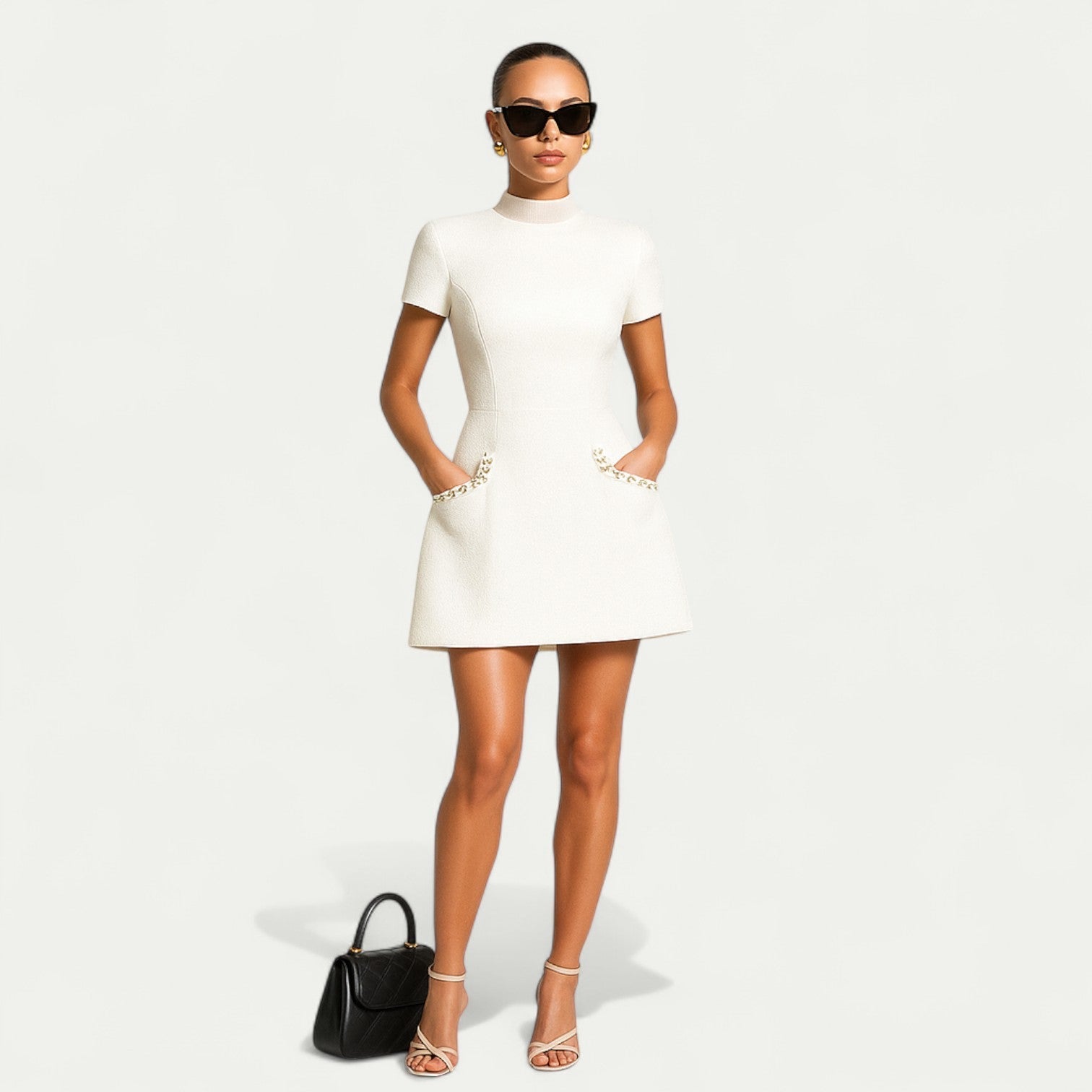 Robe Femme Mini Manches Courtes Col Rond Détails en Perles Poches Fonctionnelles Silhouette Ajustée Smart Formelle Cocktail Soirée Bureau Quotidien – Perléa