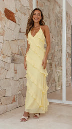 Robe Femme Longue Col Halter Volants Diagonaux Couches Superposées Sans Manches Soirée Garden Formelle Mariage Invitée Cérémonie Été – Céleste