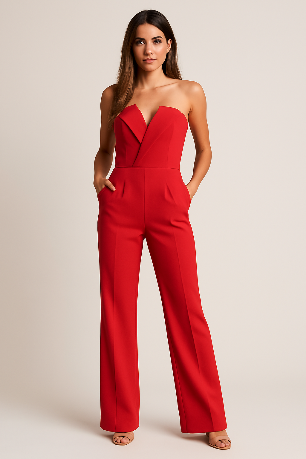 Mono de mujer sin mangas con cuello en V estructurado, elegante, ajustado, minimalista para noche, boda, gala, cóctel, ocasión especial – Lolanne