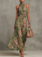 Robe Midi Chiffon Florale à Dos Nu Femme Légère Bohème Formelle Plage Soirée Été – Florence