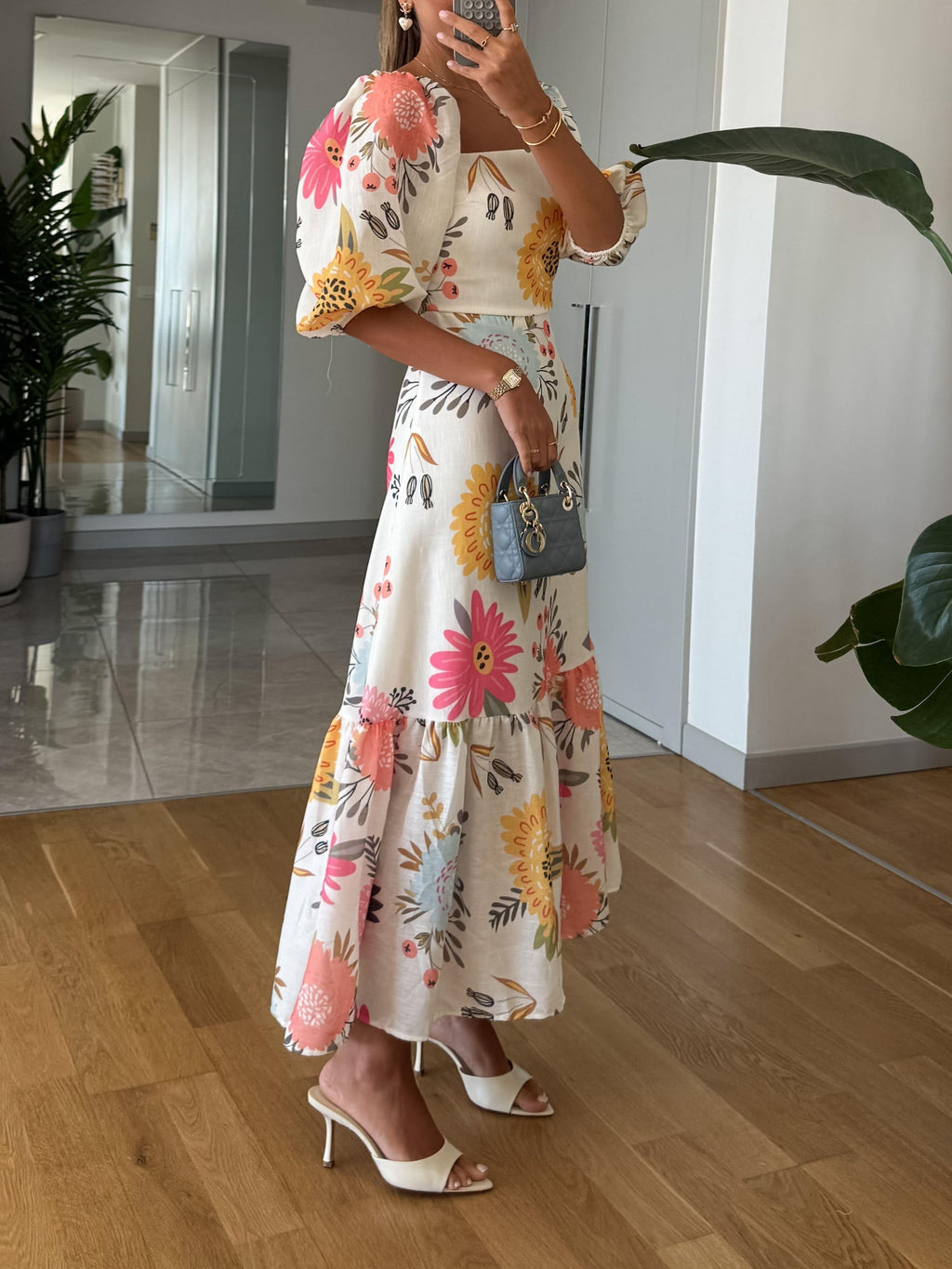 Abito Midi Floreale Maniche a Palloncino Scollo Quadrato Corsetto Aderente Gonna a Volant Donna Elegante Matrimonio Giardino Serata Estate – Camille