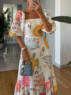 Abito Midi Floreale Maniche a Palloncino Scollo Quadrato Corsetto Aderente Gonna a Volant Donna Elegante Matrimonio Giardino Serata Estate – Camille