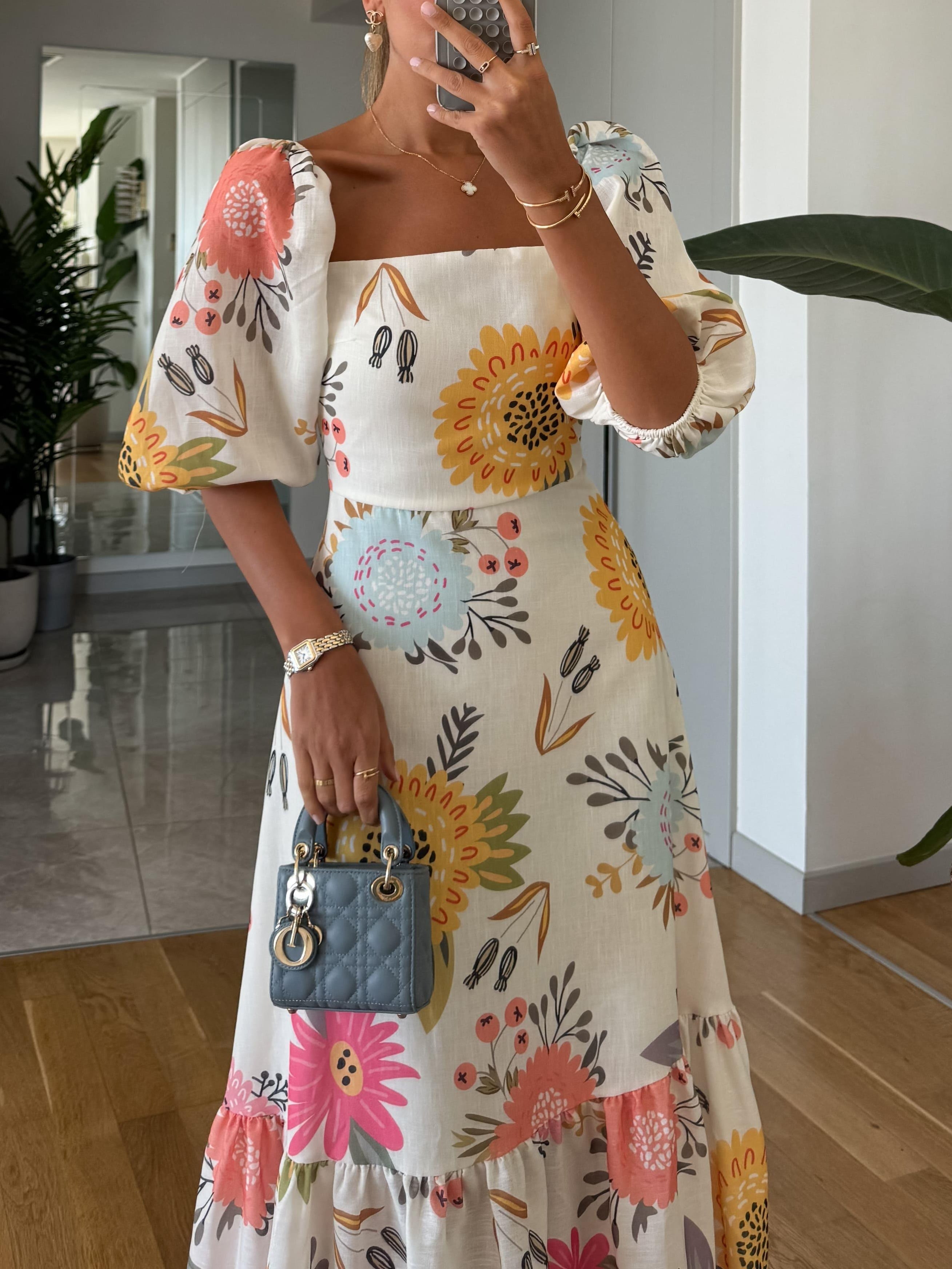 Vestido midi floral mangas globo escote cuadrado corsé ajustado falda con volantes mujer elegante boda jardín fiesta verano – Camille