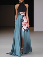 Robe Longue Florale Noire à Bretelles Sans Manches A-Line avec Fente Latérale pour Invité de Mariage, Formelle – Janelle