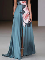 Robe Longue Florale Noire à Bretelles Sans Manches A-Line avec Fente Latérale pour Invité de Mariage, Formelle – Janelle