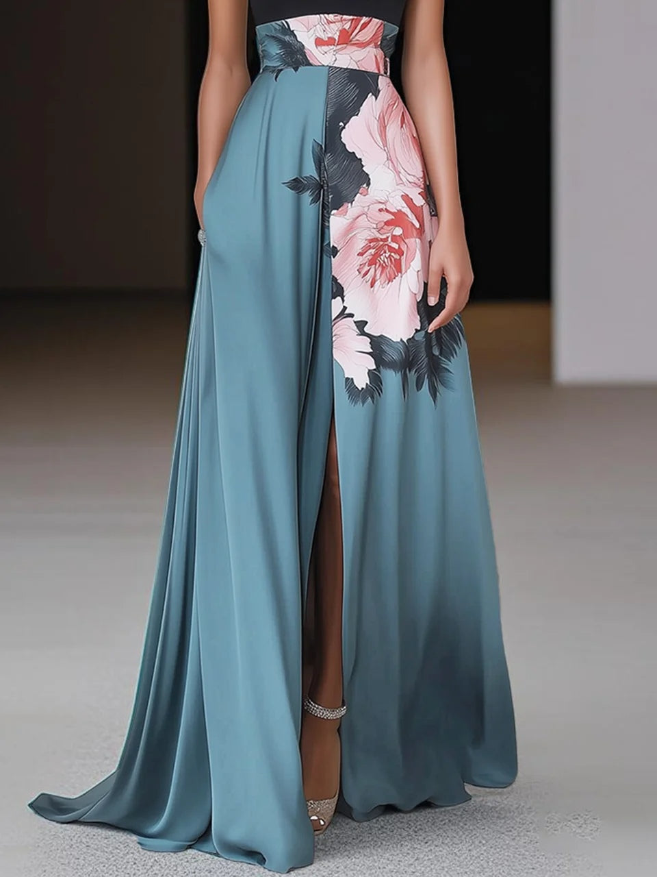Robe Longue Florale Noire à Bretelles Sans Manches A-Line avec Fente Latérale pour Invité de Mariage, Formelle – Janelle