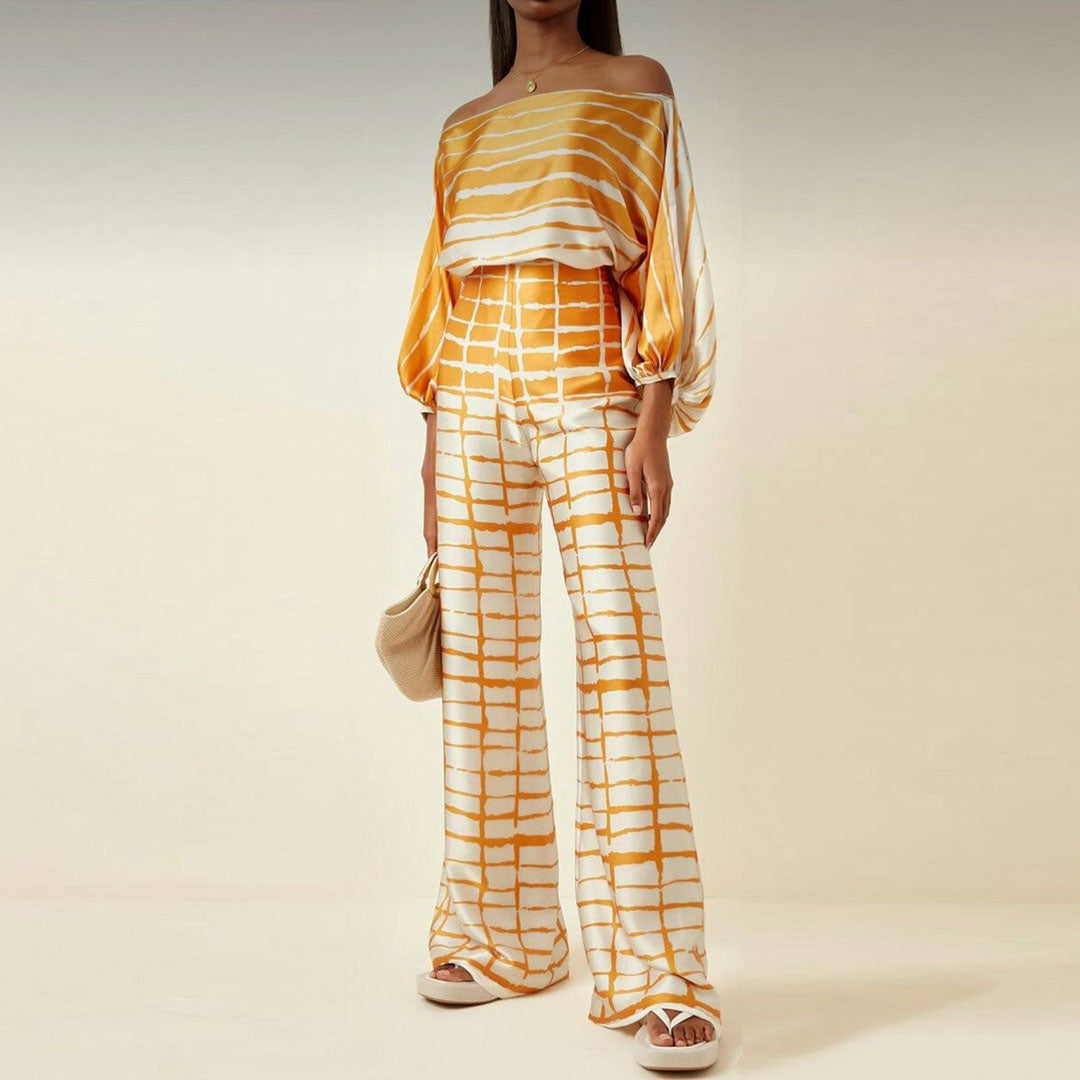 Ensemble D'été Chic Pour Femmes En Deux Pièces, Haut Fluide Imprimé Et Pantalon Large, Tenue Élégante Décontractée Pour Les Vacances