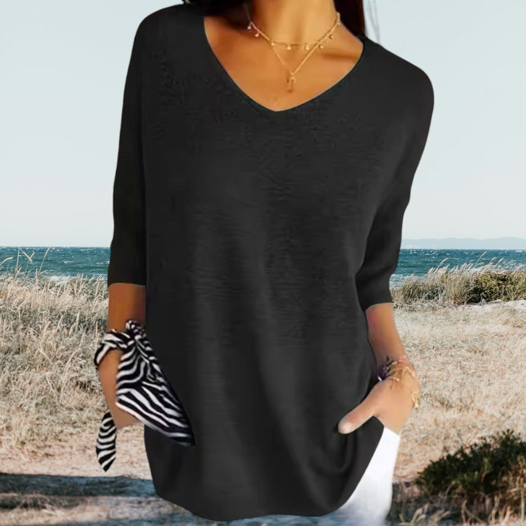 T-shirt estiva a maglia con scollo a V da donna, leggera, taglio casual, versatile e morbida – Gerda
