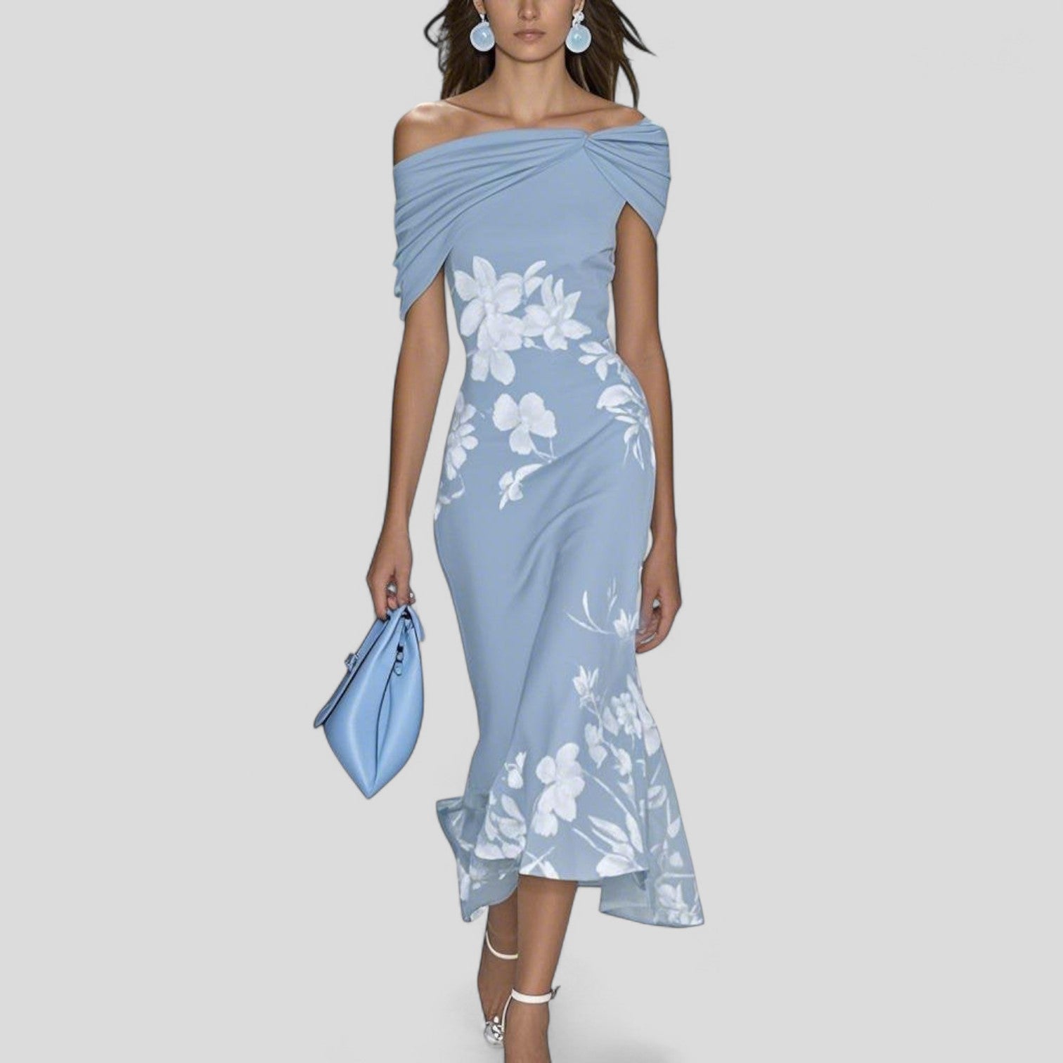 Robe Midi Élegante Florale Femme Sans Épaules Décontractée Formelle Invité de Mariage Chic – Isabrunel