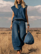 Twee-delig setje met mouwloze top met hoge kraag en wijde broek met hoge taille - Casual, dagelijks, streetwear zomer – Indigo