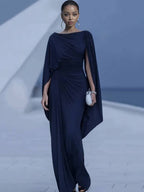 Robe Longue Femme Col Bateau Ajustée Plissée Abdomen Couvert Élégante Soirée Mariage Fête Formelle Cocktail Gala – Bateauline