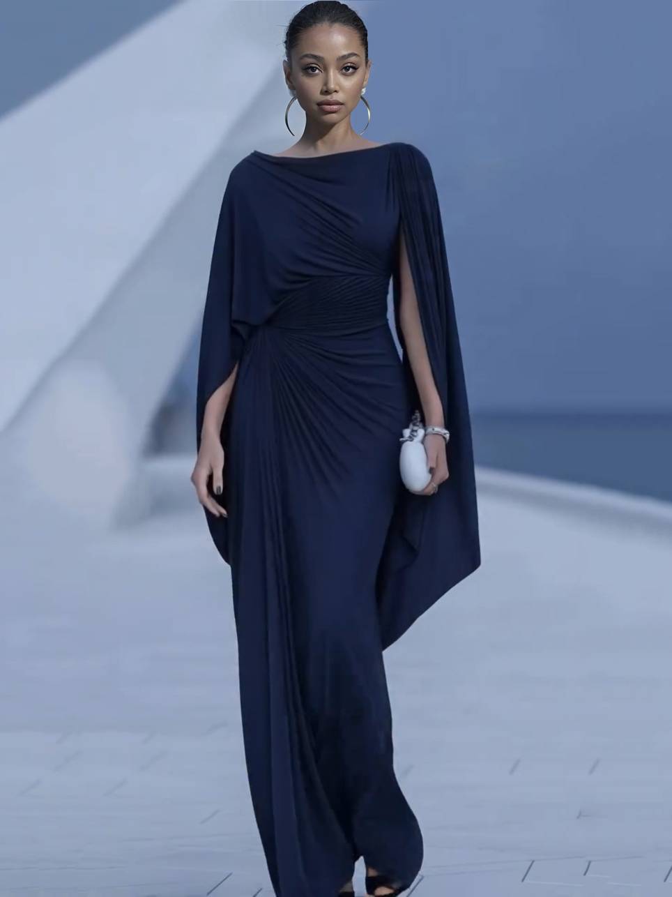 Robe Longue Femme Col Bateau Ajustée Plissée Abdomen Couvert Élégante Soirée Mariage Fête Formelle Cocktail Gala – Bateauline