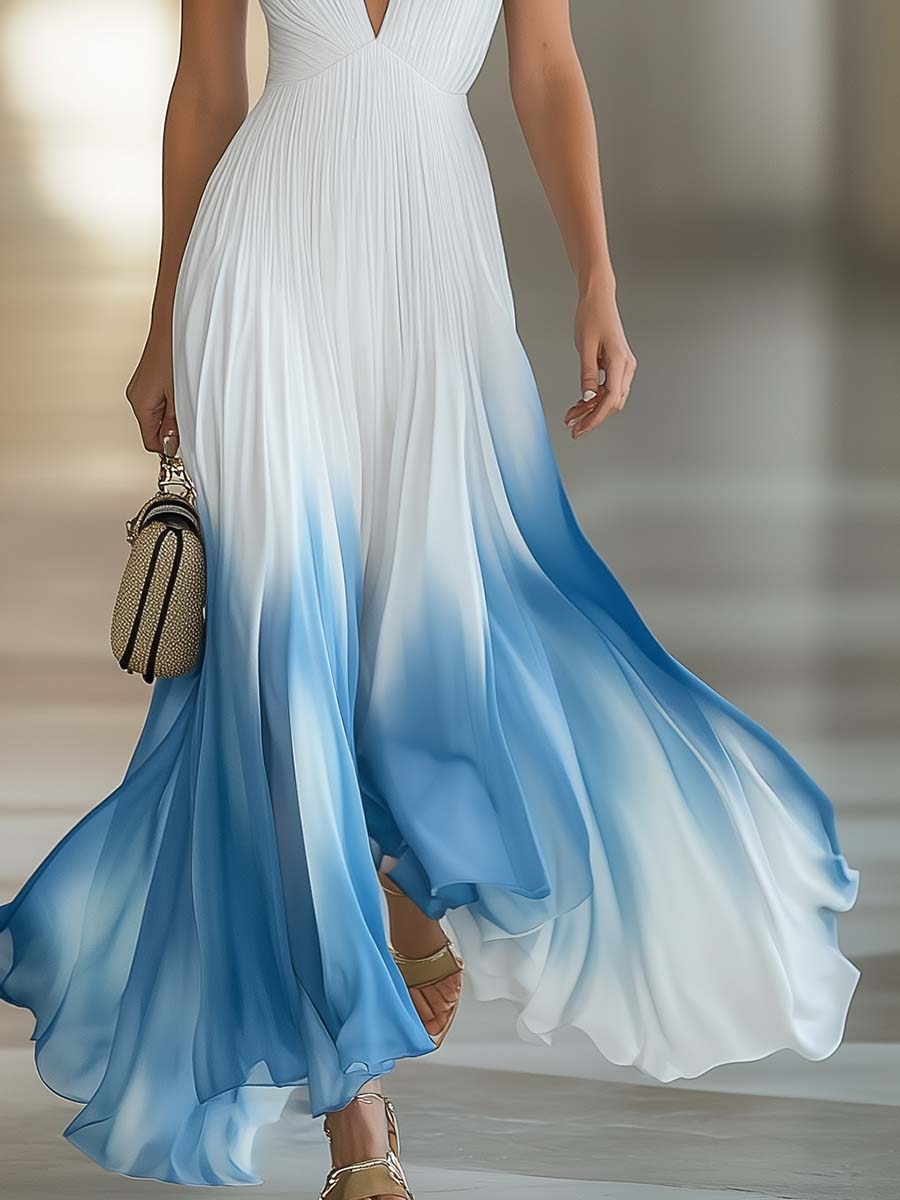 Robe Longue Plissée Élégante pour Femmes en Chiffon avec Décolleté en V pour Formelle, Soirée, Dété, Invitées de Mariage - Dégradé Bleu et Blanc