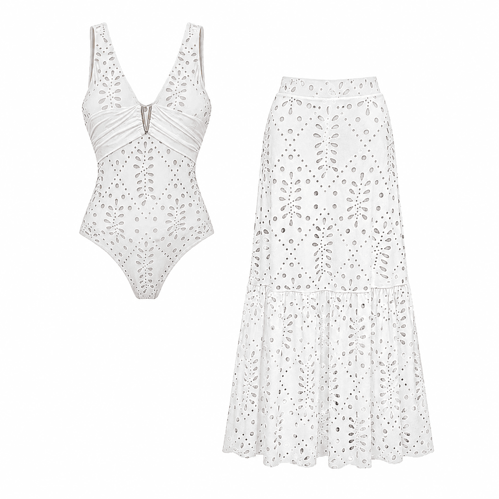 Conjunto Fato de Banho de Uma Peça Decote em V Recorte a Laser Floral Saia Maxi Branca Resort Praia Lua de Mel Noite – Laceline