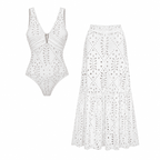 Conjunto Fato de Banho de Uma Peça Decote em V Recorte a Laser Floral Saia Maxi Branca Resort Praia Lua de Mel Noite – Laceline