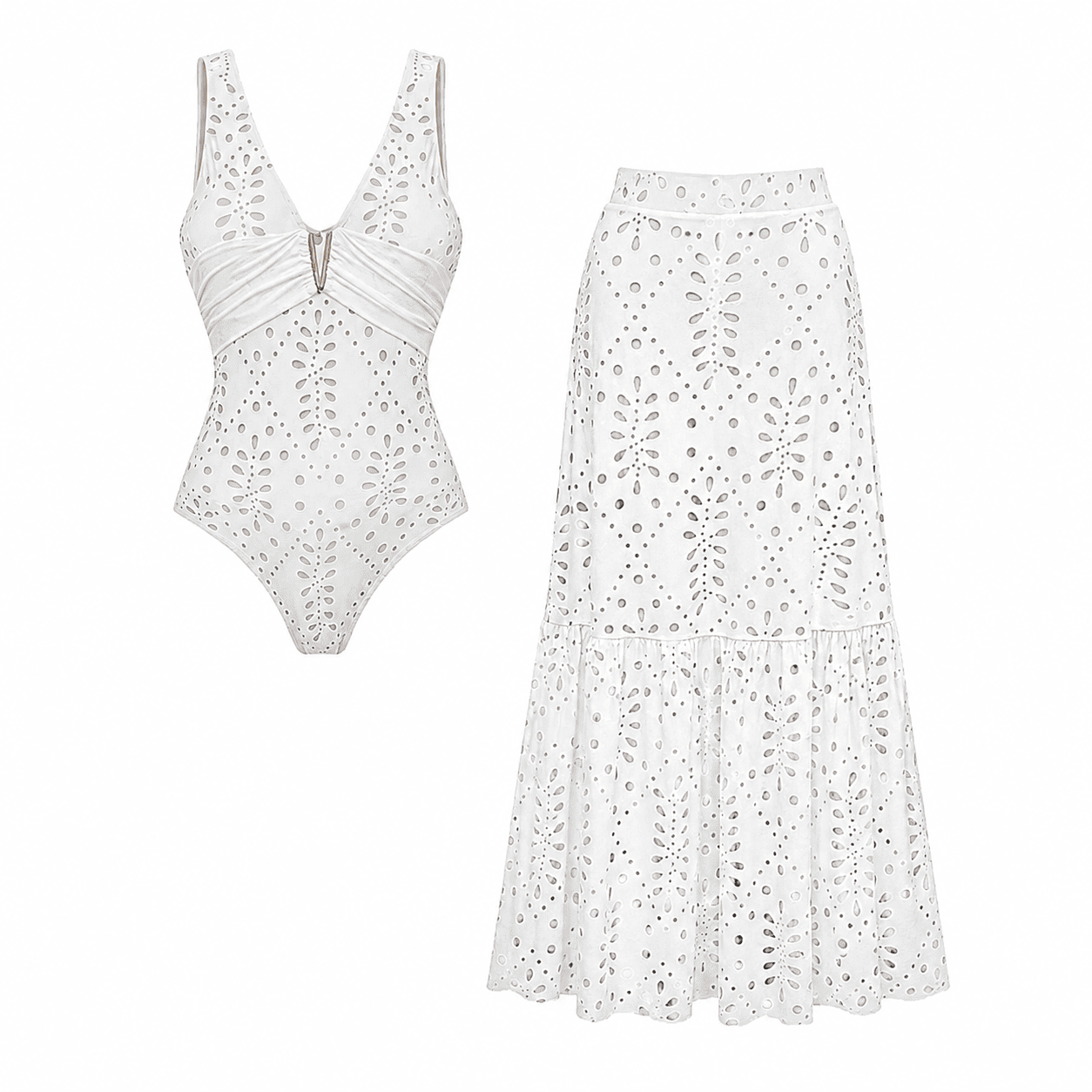 Conjunto Fato de Banho de Uma Peça Decote em V Recorte a Laser Floral Saia Maxi Branca Resort Praia Lua de Mel Noite – Laceline