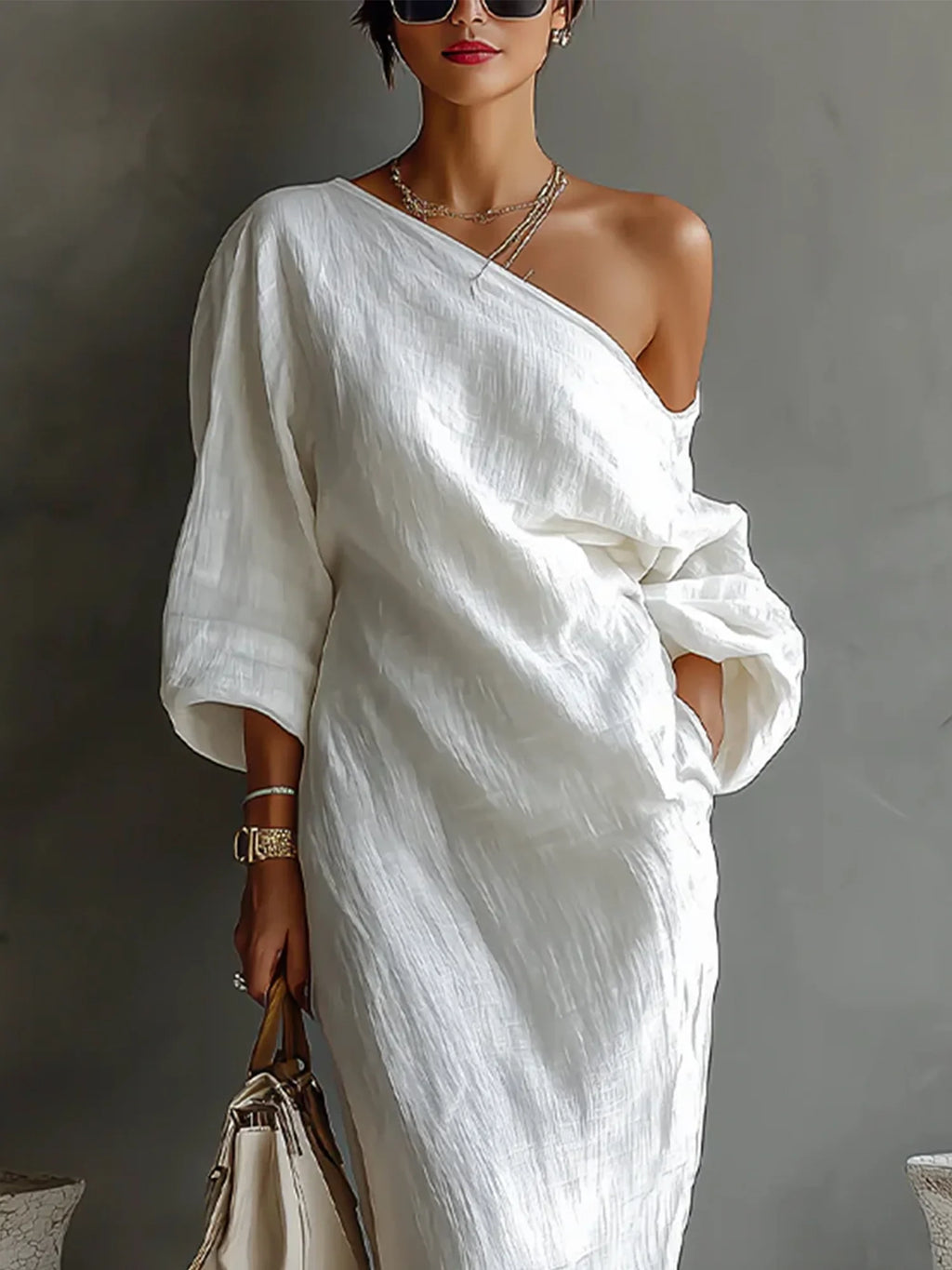 Abito Lungo Lino Cotone Maniche a Palloncino Silhouette Sgualcita Donna Formale Matrimonio Chic Spiaggia Resort Quotidiano Estate – Solène