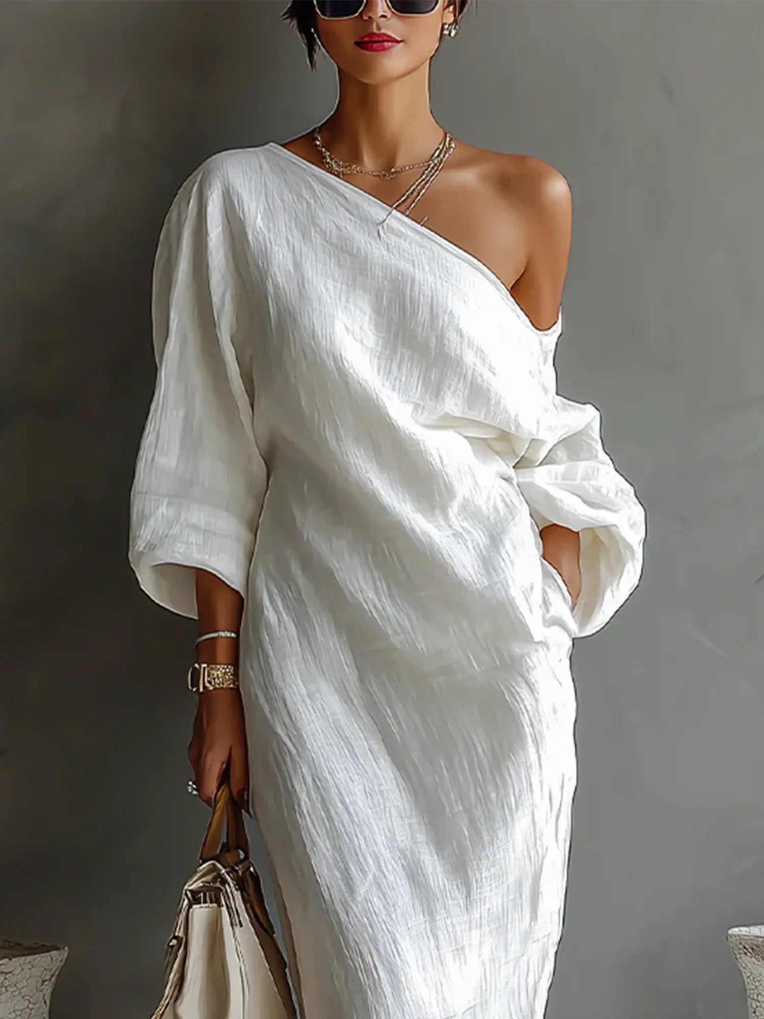 Vestido largo de lino y algodón con mangas abullonadas, silueta casual para mujer, formal, boda, elegante, playa, resort, diario, verano – Solène
