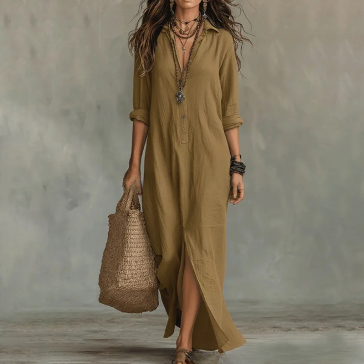 Robe Longue Chemise Femme Coton Fluide Col Rabattu Manches Trois-Quarts Ample Casual Chic Vacances Quotidien – Agnoline