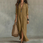 Robe Longue Chemise Femme Coton Fluide Col Rabattu Manches Trois-Quarts Ample Casual Chic Vacances Quotidien – Agnoline