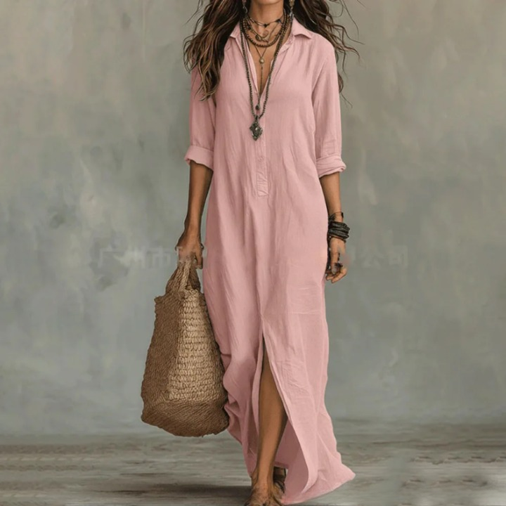 Robe Longue Chemise Femme Coton Fluide Col Rabattu Manches Trois-Quarts Ample Casual Chic Vacances Quotidien – Agnoline
