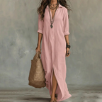 Robe Longue Chemise Femme Coton Fluide Col Rabattu Manches Trois-Quarts Ample Casual Chic Vacances Quotidien – Agnoline