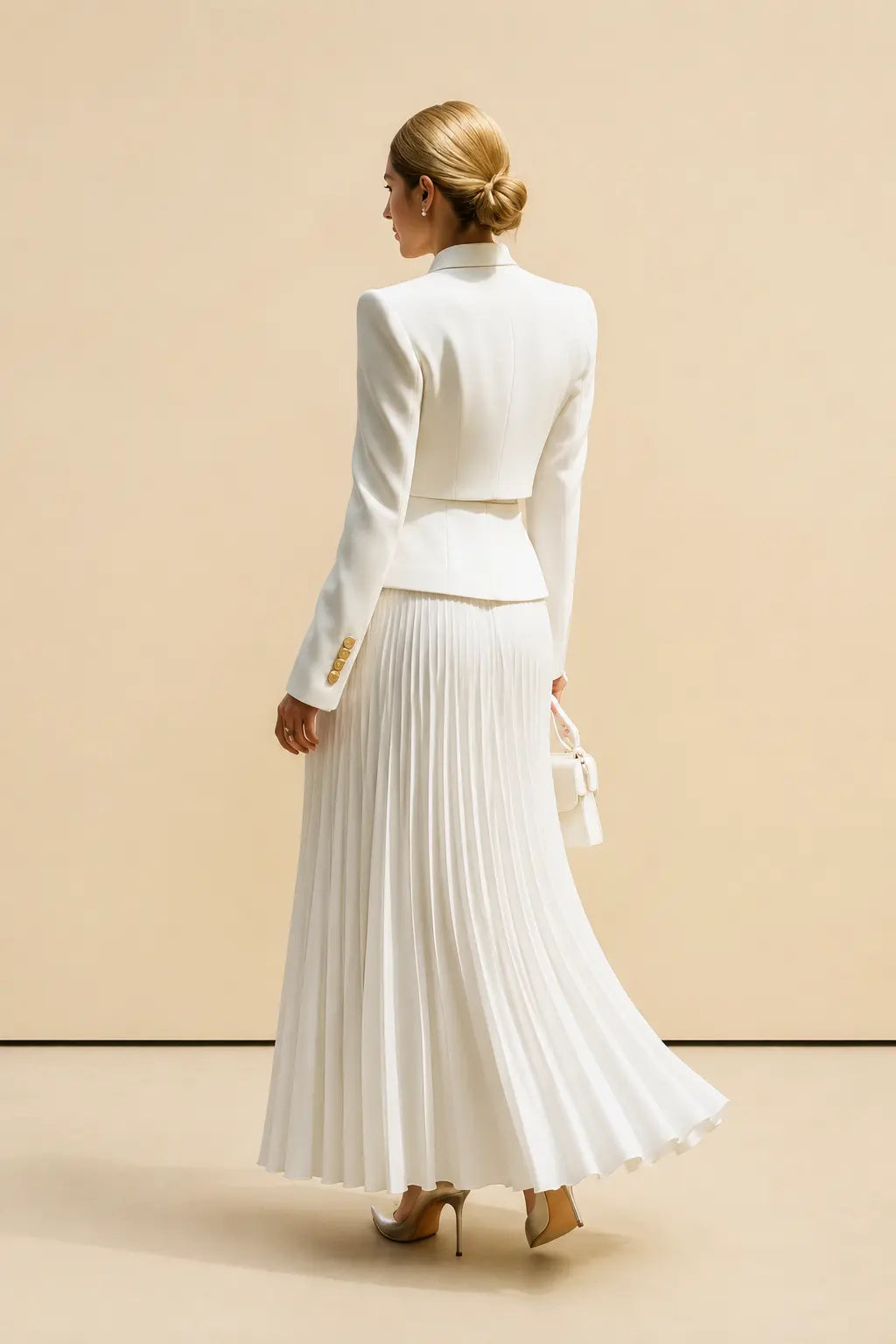 Ensemble Deux Pièces Femme Blazer Court Jupe Plissée Taille Haute Soirée Mariage Travail Cocktail