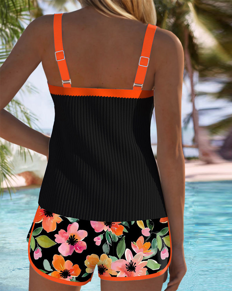 Ensemble de Tankini Femme à Deux Pièces Imprimé Floral avec Short Dos Nu pour Plage, Vacances, Piscine, Été, Station Balnéaire – Soleil
