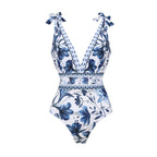 Ensemble Maillot de Bain Une Pièce Col V Lacets Jupe Longue Florale Imprimée Plage Resort Vacances Été – Botanique