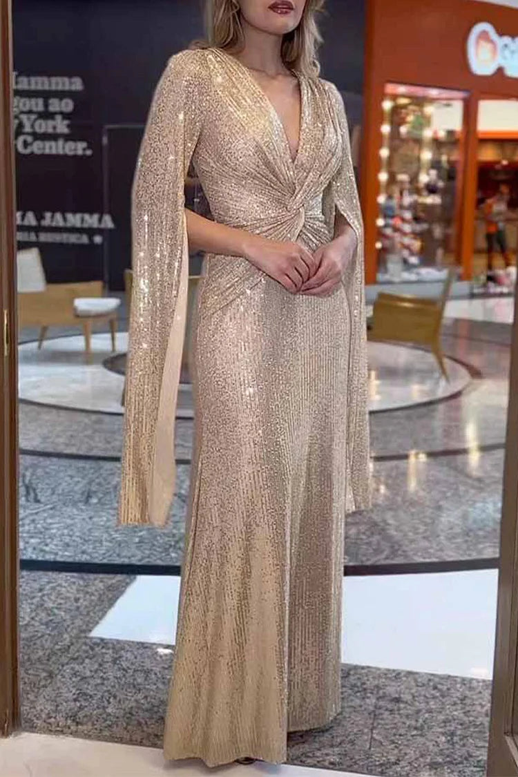 Robe Longue à Manches Longues en Sequins pour Femmes, Décolleté en V, A-Line, Formelle, Prom, Gala, Invité de Mariage, Soirée, Tapis Rouge – Seraphina