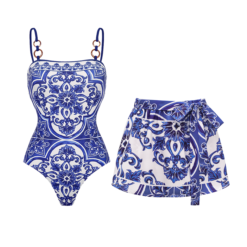 Ensemble Maillot de Bain Une Pièce Imprimé Majolique Méditerranéen Jupe Longue Short Plage Resort Vacances Été – Majolika
