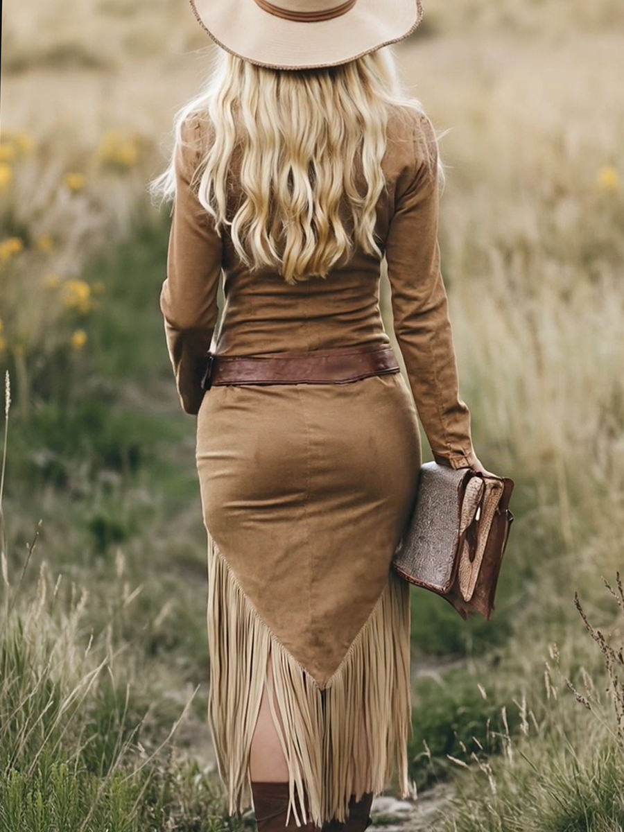 Robe Midi à Franges en Suède Rétro Western pour Femmes, Manches Longues, Col à Revers, Fermeture Éclair, Ceinturée, Silhouette Élancée, Fête Cowgirl, Festival – Tan