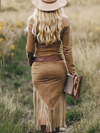 Robe Midi à Franges en Suède Rétro Western pour Femmes, Manches Longues, Col à Revers, Fermeture Éclair, Ceinturée, Silhouette Élancée, Fête Cowgirl, Festival – Tan