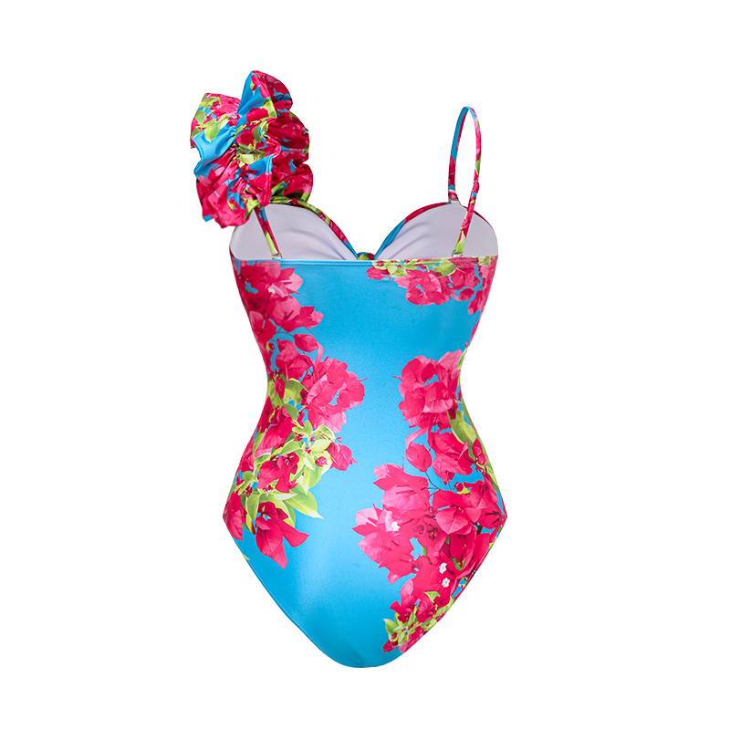 Ensemble Maillot de Bain Une Pièce Découpe Laser Floral Col V Bretelles Jupe Longue Bleu Tropical Resort Plage Vacances – Azuleiha