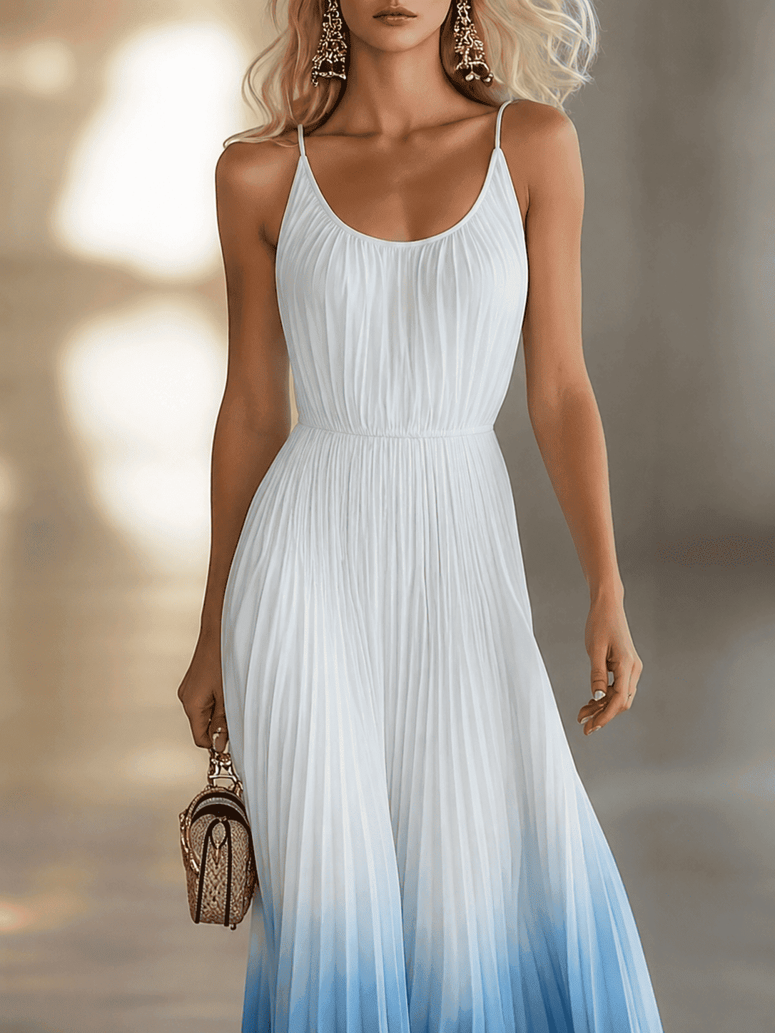 Vestido largo plisado elegante para mujeres en chiffon con escote en V para formal, fiesta, verano, invitadas de boda - degradado azul y blanco