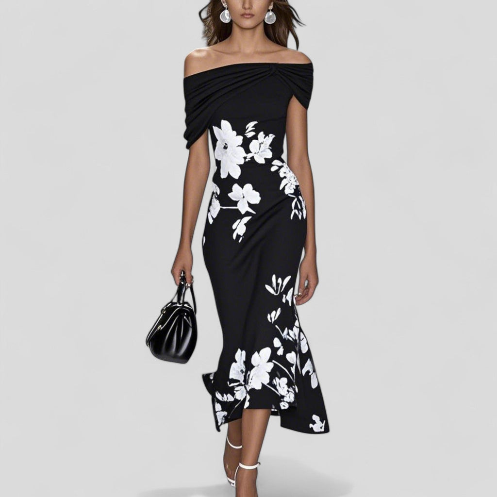 Robe Midi Élegante Florale Femme Sans Épaules Décontractée Formelle Invité de Mariage Chic – Isabrunel