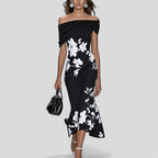 Robe Midi Élegante Florale Femme Sans Épaules Décontractée Formelle Invité de Mariage Chic – Isabrunel